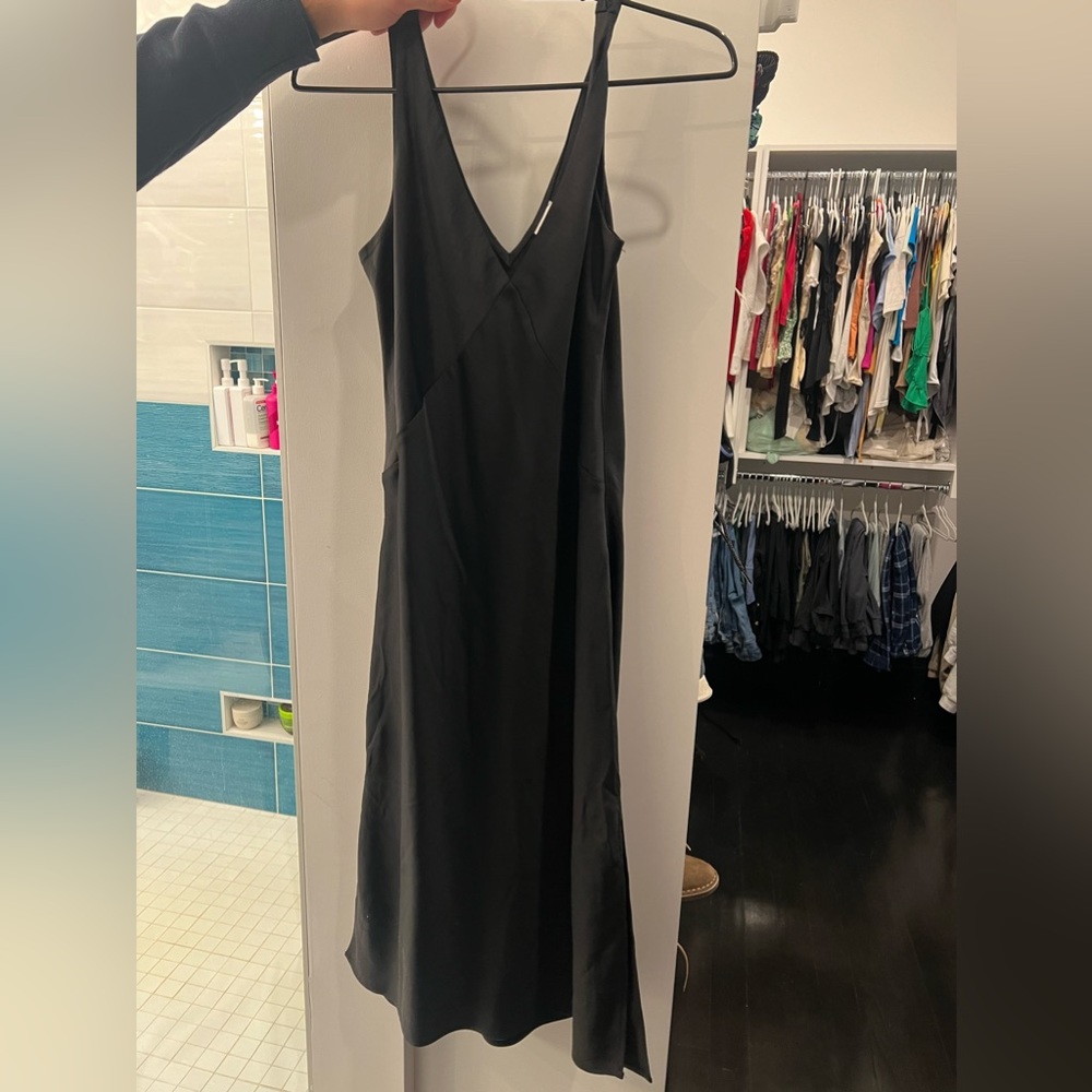Black satin midi dress with slits on side